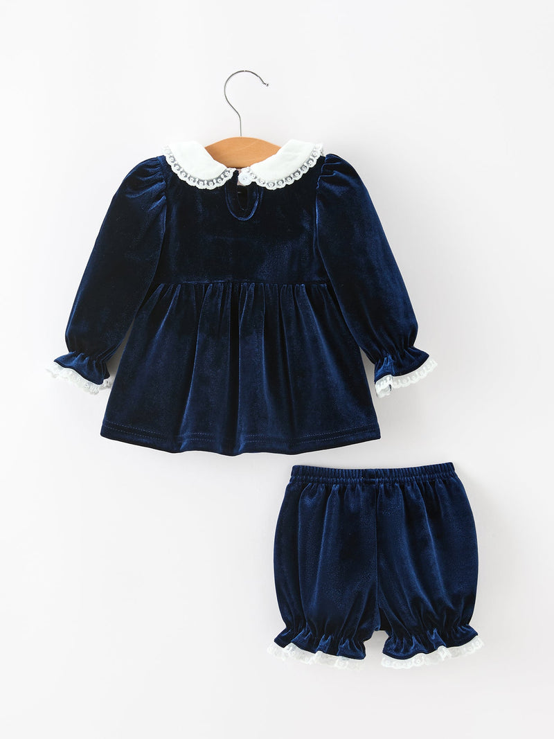 Girls Christmas Navy Velvet Smocked Top And Bloomers Outfit - 2