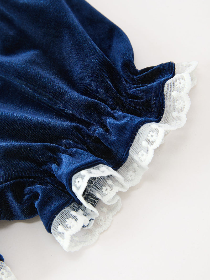 Girls Christmas Navy Velvet Smocked Top And Bloomers Outfit - 5