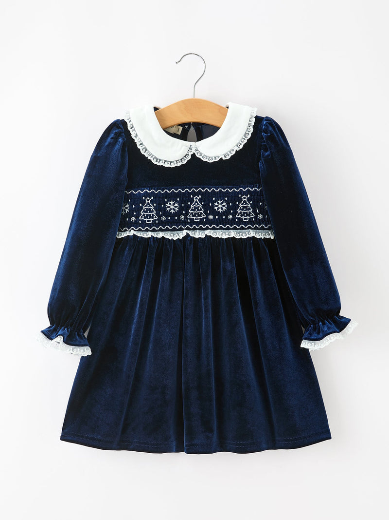 Christmas Tree Girls Navy Velvet Smocked Lace Dress - 1