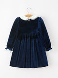 Christmas Tree Girls Navy Velvet Smocked Lace Dress - 2
