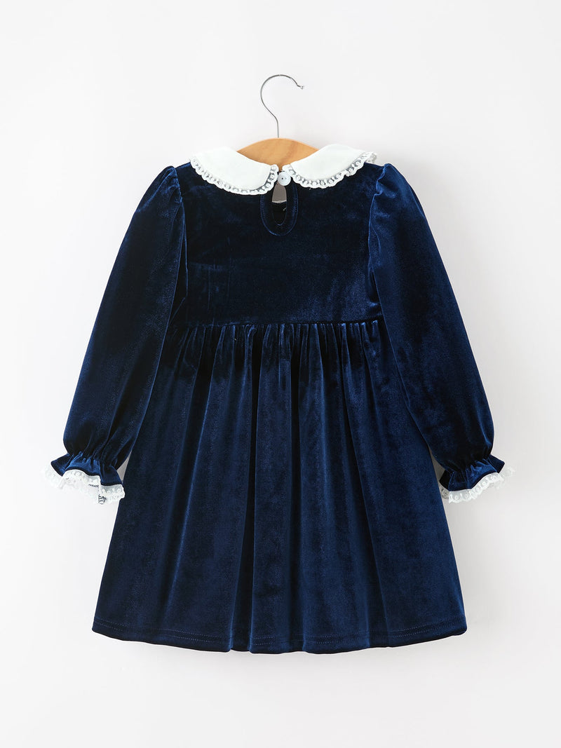 Christmas Tree Girls Navy Velvet Smocked Lace Dress - 2