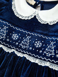 Christmas Tree Girls Navy Velvet Smocked Lace Dress - 3