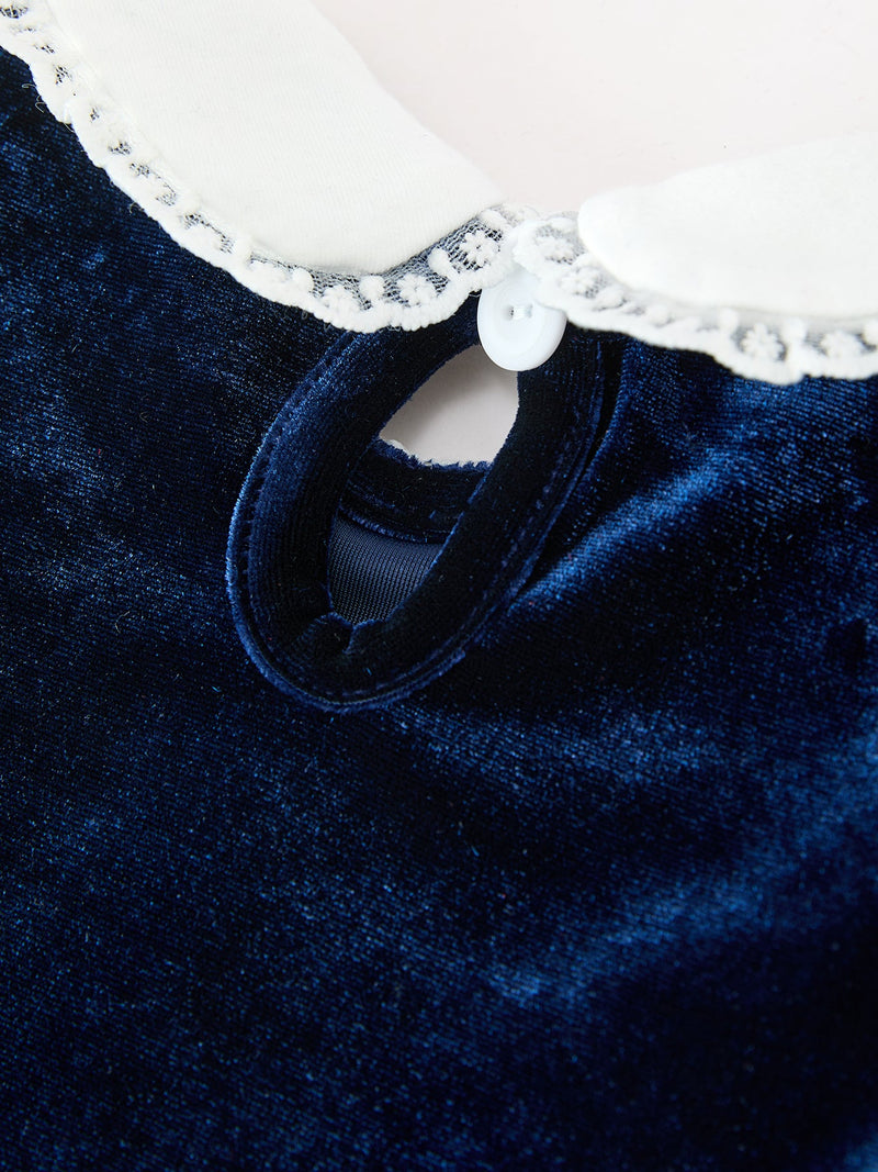 Christmas Tree Girls Navy Velvet Smocked Lace Dress - 4