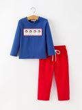 Christmas Santa Boys Blue Long Sleeve Shirt And Red Pants Set - 1
