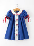 Christmas Santa Embroidery Blue Petal Collar Dress - 1
