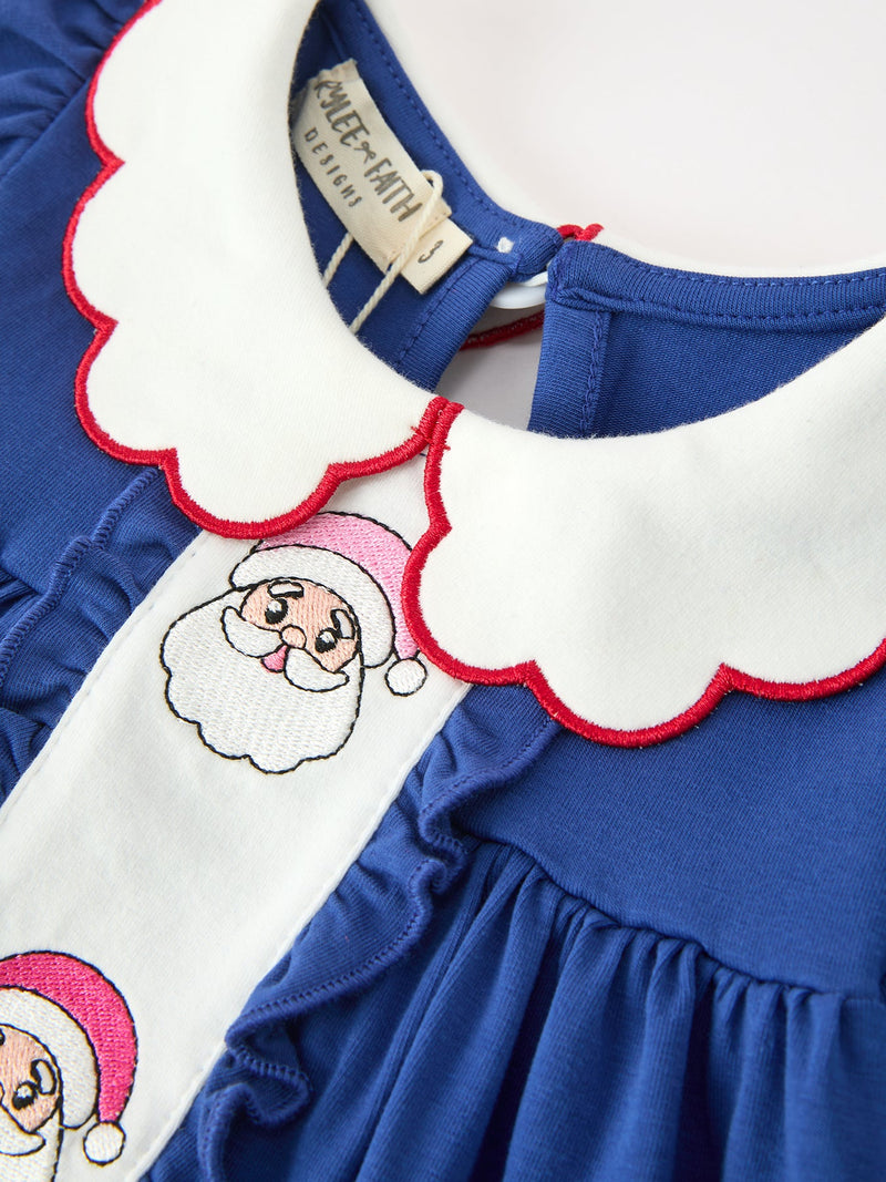 Christmas Santa Embroidery Blue Petal Collar Dress - 3