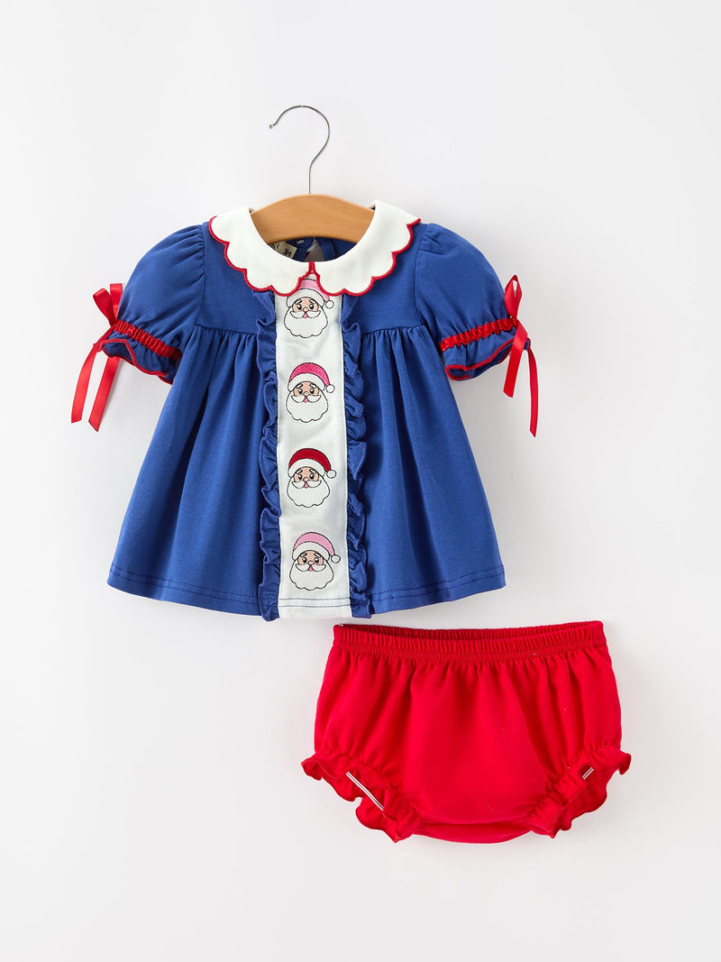 Christmas Santa Embroidery Girls Bloomer Set Peter Pan Collar - 1