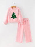 Christmas Tree Appliqué Girls Pink Sweatshirt And Pants Set - 1