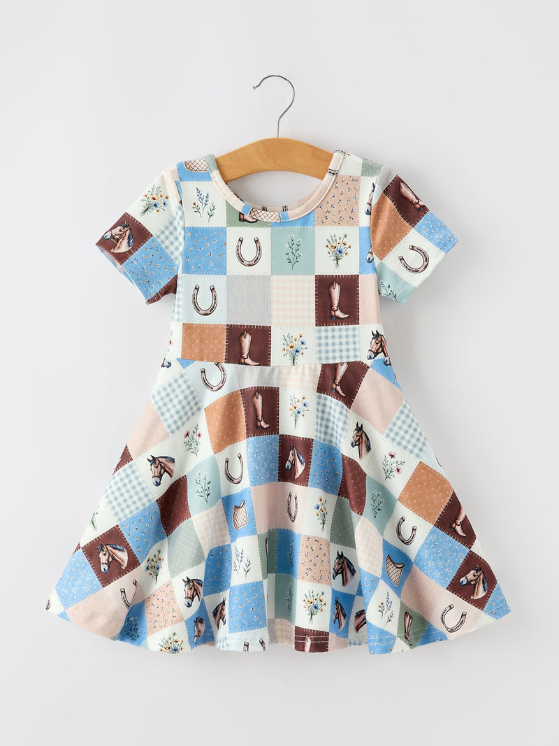 Western Horse Patchwork Print Girls Short Sleeve Twirl Dress - 1