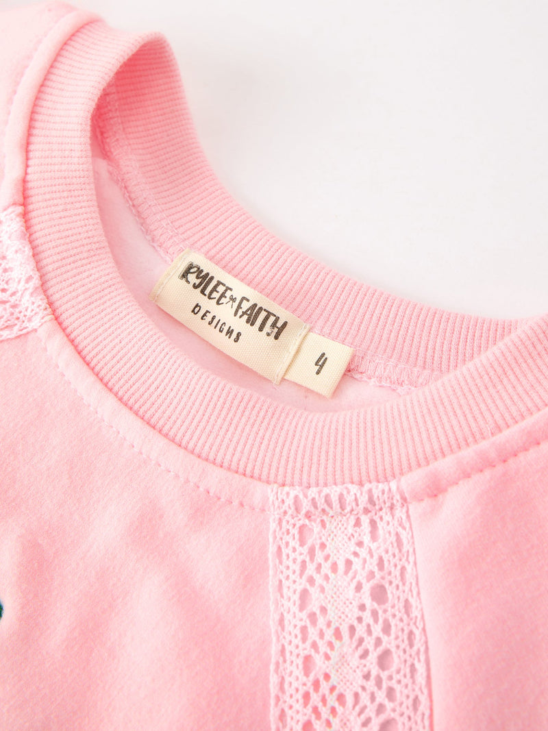 Christmas Tree Appliqué Girls Pink Sweatshirt And Pants Set - 3