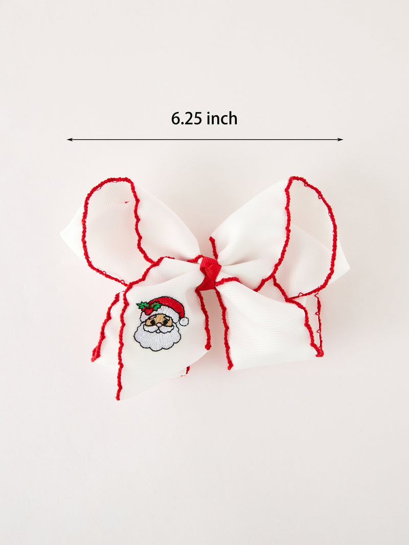 Girls' Christmas Santa Embroidered 6.25" Hair Bow – White/Pink - 2