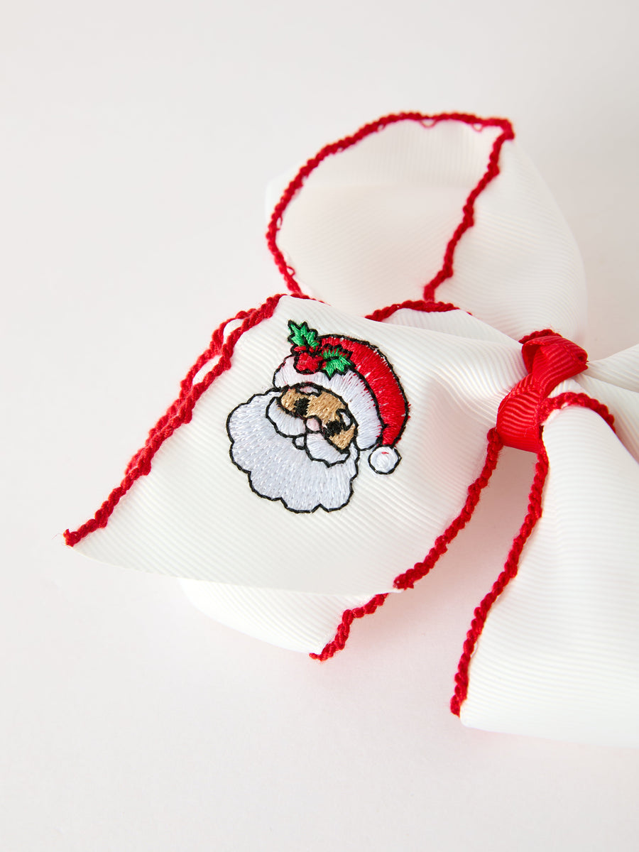 Girls' Christmas Santa Embroidered 6.25" Hair Bow – White/Pink