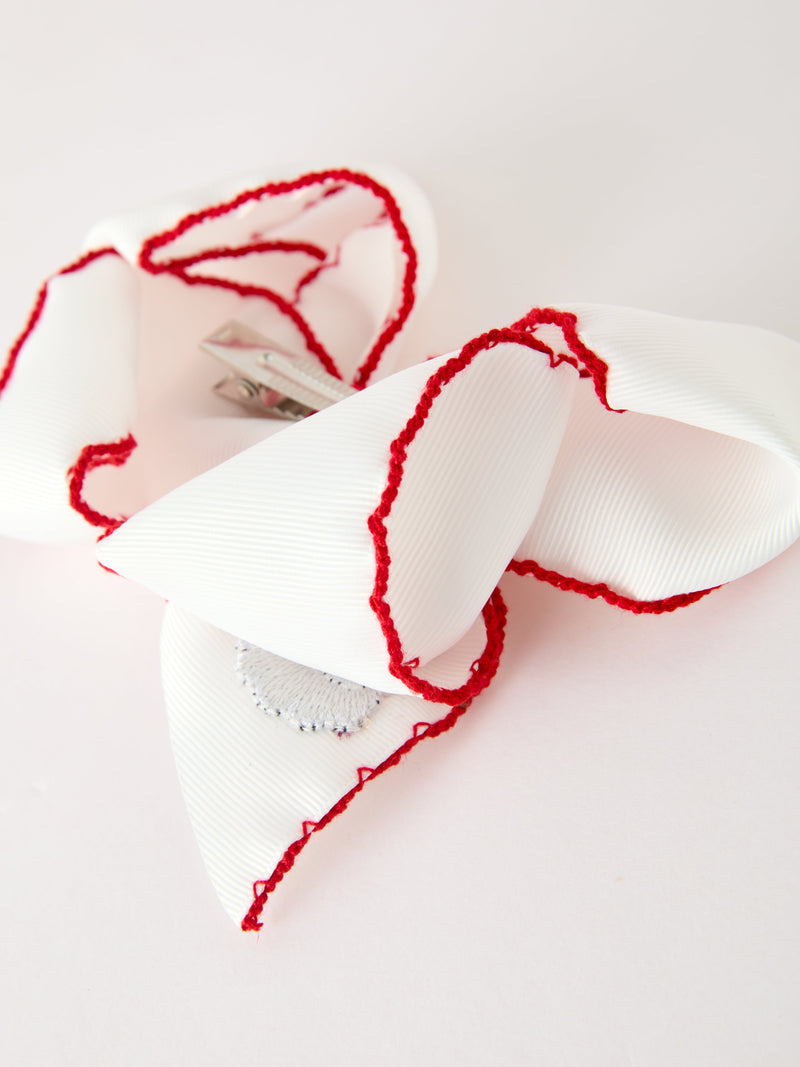 Girls' Christmas Santa Embroidered 6.25" Hair Bow – White/Pink - 7