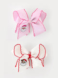Girls' Christmas Santa Embroidered 6.25" Hair Bow – White/Pink - 1