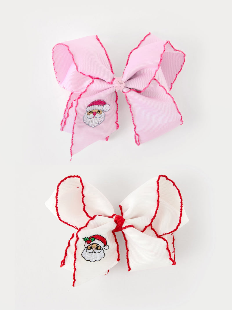 Girls' Christmas Santa Embroidered 6.25" Hair Bow – White/Pink - 1