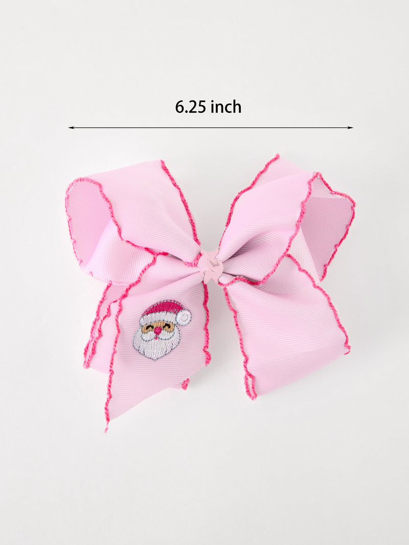 Girls' Christmas Santa Embroidered 6.25" Hair Bow – White/Pink - 8