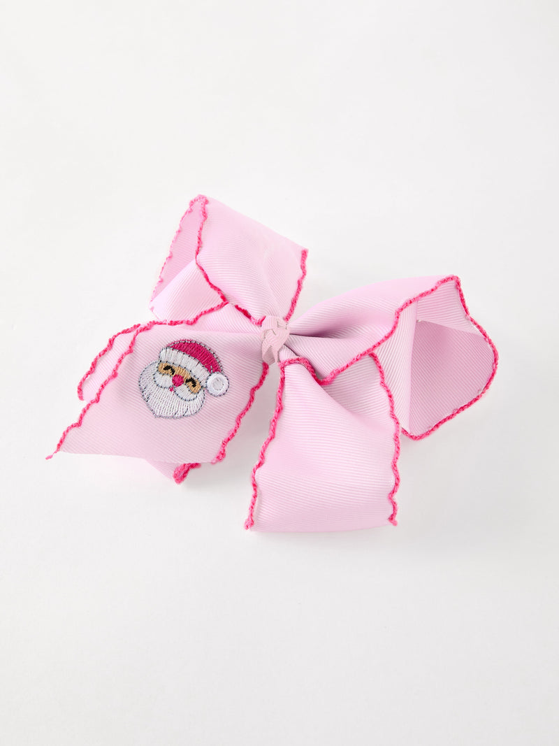 Girls' Christmas Santa Embroidered 6.25" Hair Bow – White/Pink - 9