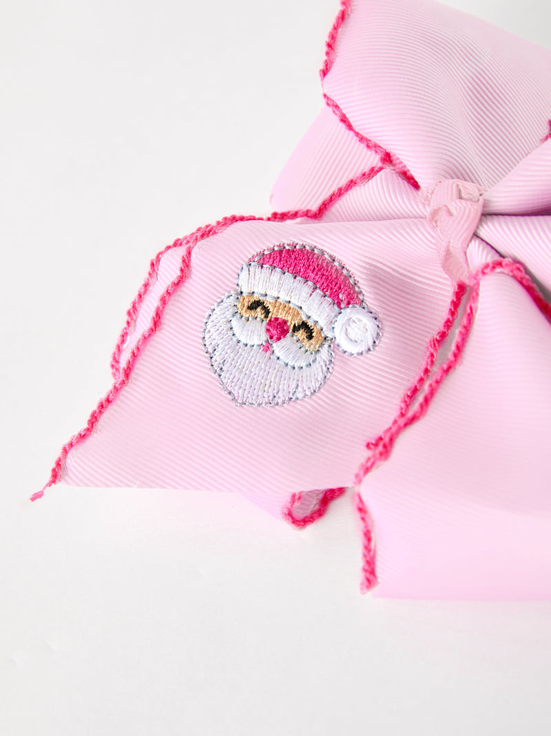 Girls' Christmas Santa Embroidered 6.25" Hair Bow – White/Pink - 11