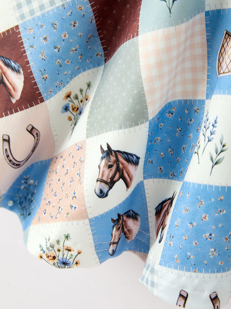 Western Horse Patchwork Print Girls Short Sleeve Twirl Dress - 5