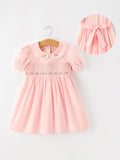 Fall Girls Pink Floral Embroidered Smocked Peter Pan Collar Dress - 1