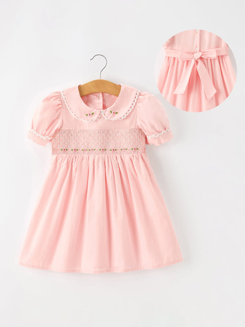 Fall Girls Pink Floral Embroidered Smocked Peter Pan Collar Dress - 1