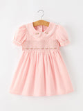 Fall Girls Pink Floral Embroidered Smocked Peter Pan Collar Dress - 2