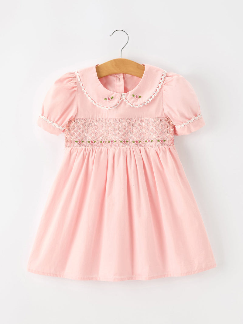 Fall Girls Pink Floral Embroidered Smocked Peter Pan Collar Dress - 2
