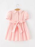 Fall Girls Pink Floral Embroidered Smocked Peter Pan Collar Dress - 3