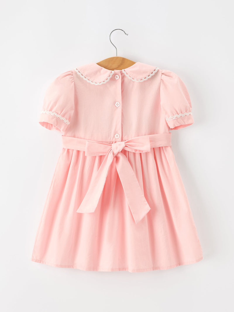 Fall Girls Pink Floral Embroidered Smocked Peter Pan Collar Dress - 3