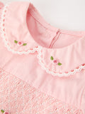 Fall Girls Pink Floral Embroidered Smocked Peter Pan Collar Dress - 4