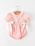 Fall Baby Girls Pink Floral Embroidered Smocked Bow Bubble Romper - 1