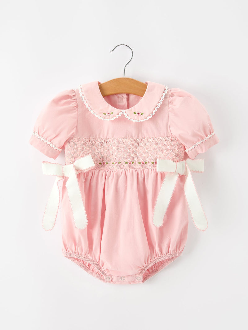 Fall Baby Girls Pink Floral Embroidered Smocked Bow Bubble Romper - 1