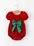 Baby Girls Christmas Red Velvet Rhinestone Bow Bubble Romper - 1