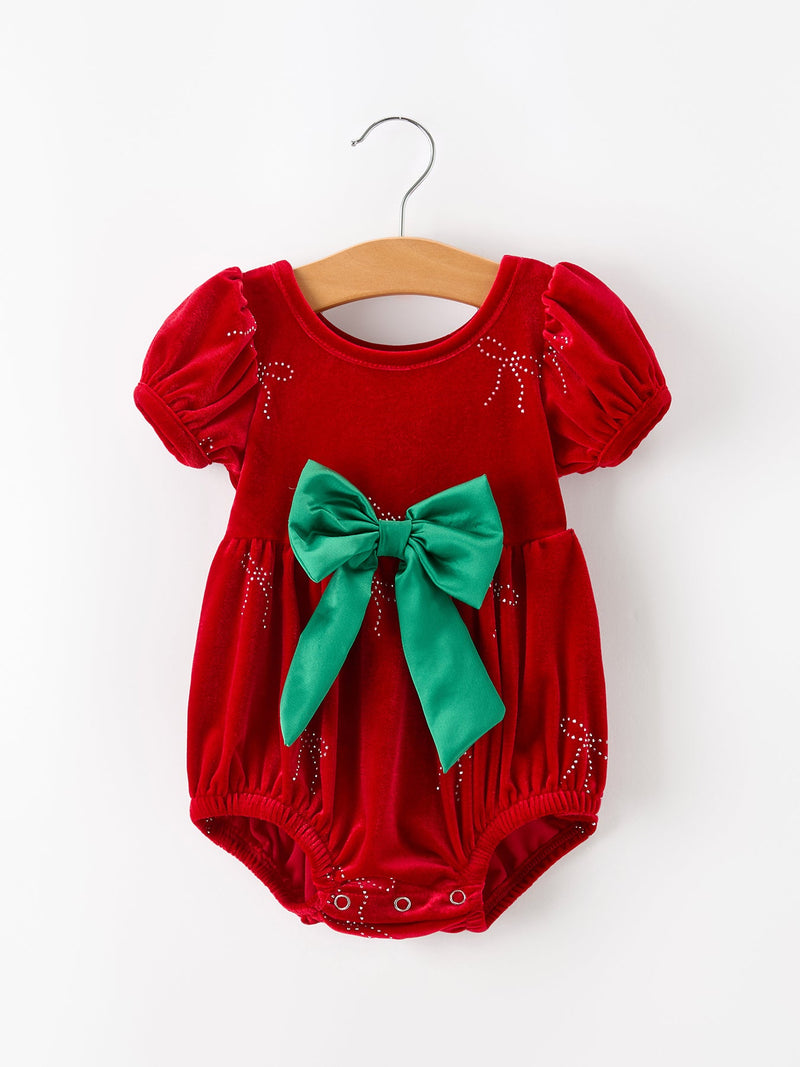 Baby Girls Christmas Red Velvet Rhinestone Bow Bubble Romper - 1