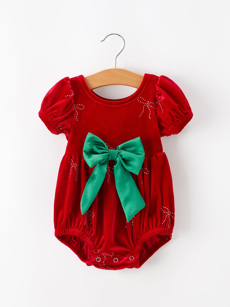 Baby Girls Christmas Red Velvet Rhinestone Bow Bubble Romper