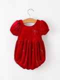 Baby Girls Christmas Red Velvet Rhinestone Bow Bubble Romper - 2