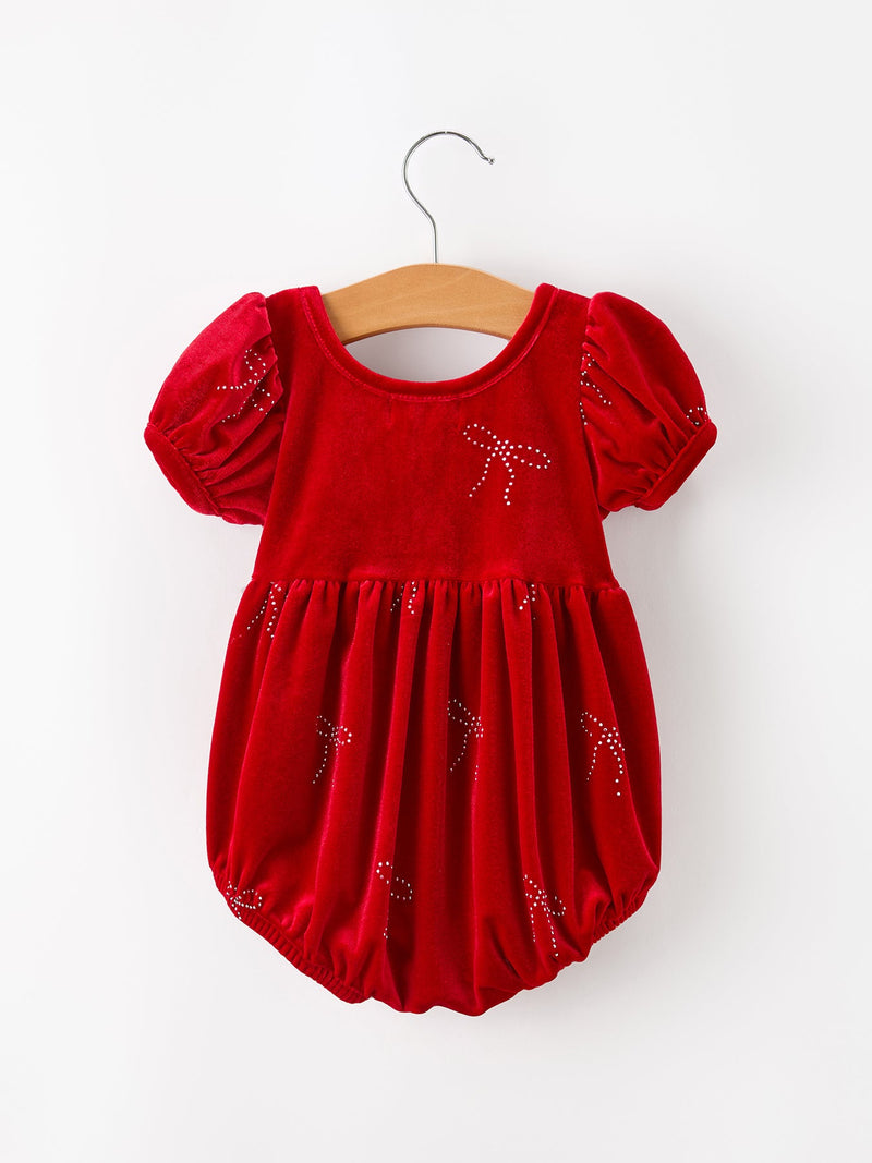 Baby Girls Christmas Red Velvet Rhinestone Bow Bubble Romper - 2
