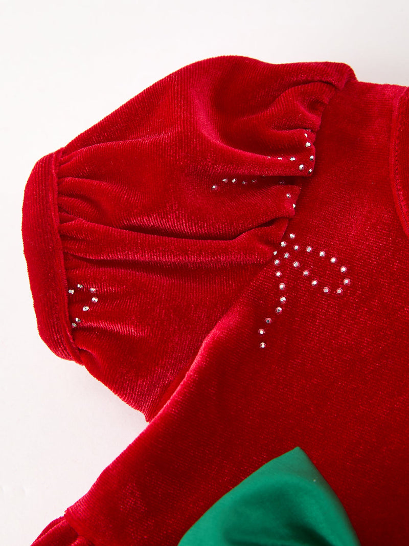 Baby Girls Christmas Red Velvet Rhinestone Bow Bubble Romper - 3