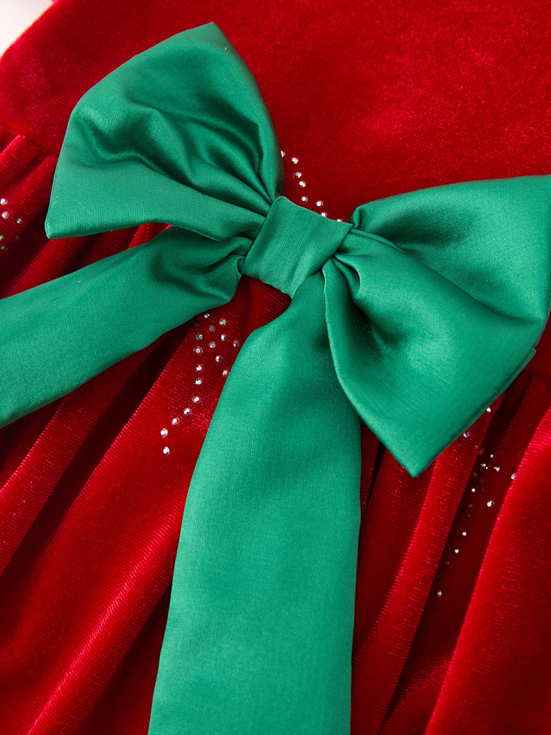 Baby Girls Christmas Red Velvet Rhinestone Bow Bubble Romper - 4