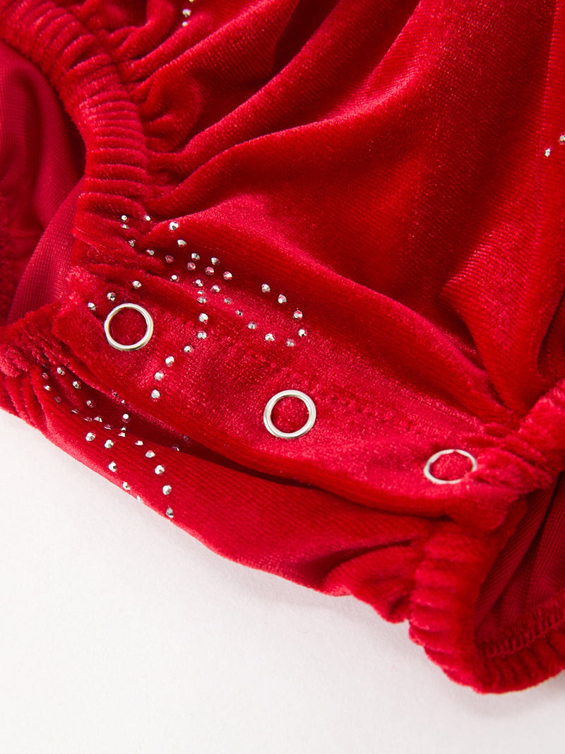 Baby Girls Christmas Red Velvet Rhinestone Bow Bubble Romper - 5
