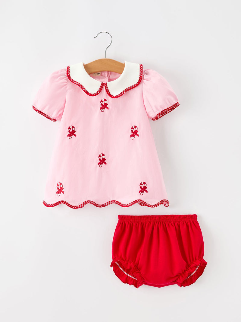 Christmas Girls Candy Cane Embroidered Top & Red Bloomer Set - 1