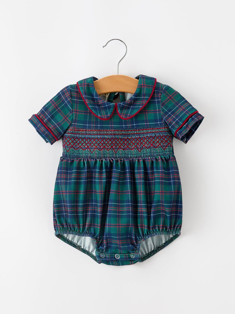 Christmas Baby Boys Plaid Smocked Peter Pan Collar Bubble Romper - 1