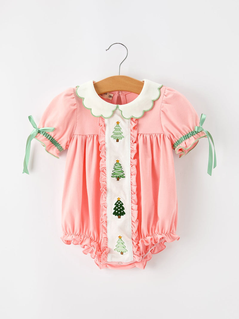 Christmas Baby Girls Pink Christmas Tree Embroidered Ruffle Romper - 1