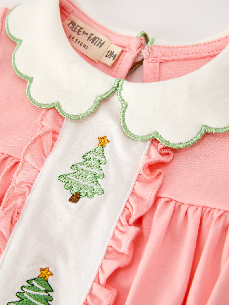 Christmas Baby Girls Pink Christmas Tree Embroidered Ruffle Romper - 3