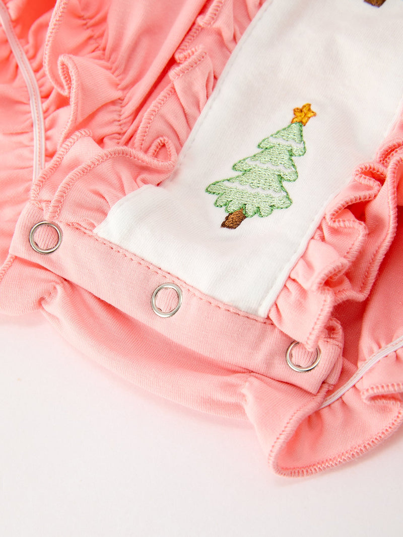 Christmas Baby Girls Pink Christmas Tree Embroidered Ruffle Romper - 5