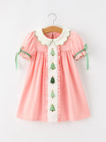 Christmas Girls Pink Christmas Tree Embroidered Ruffle Dress - 1