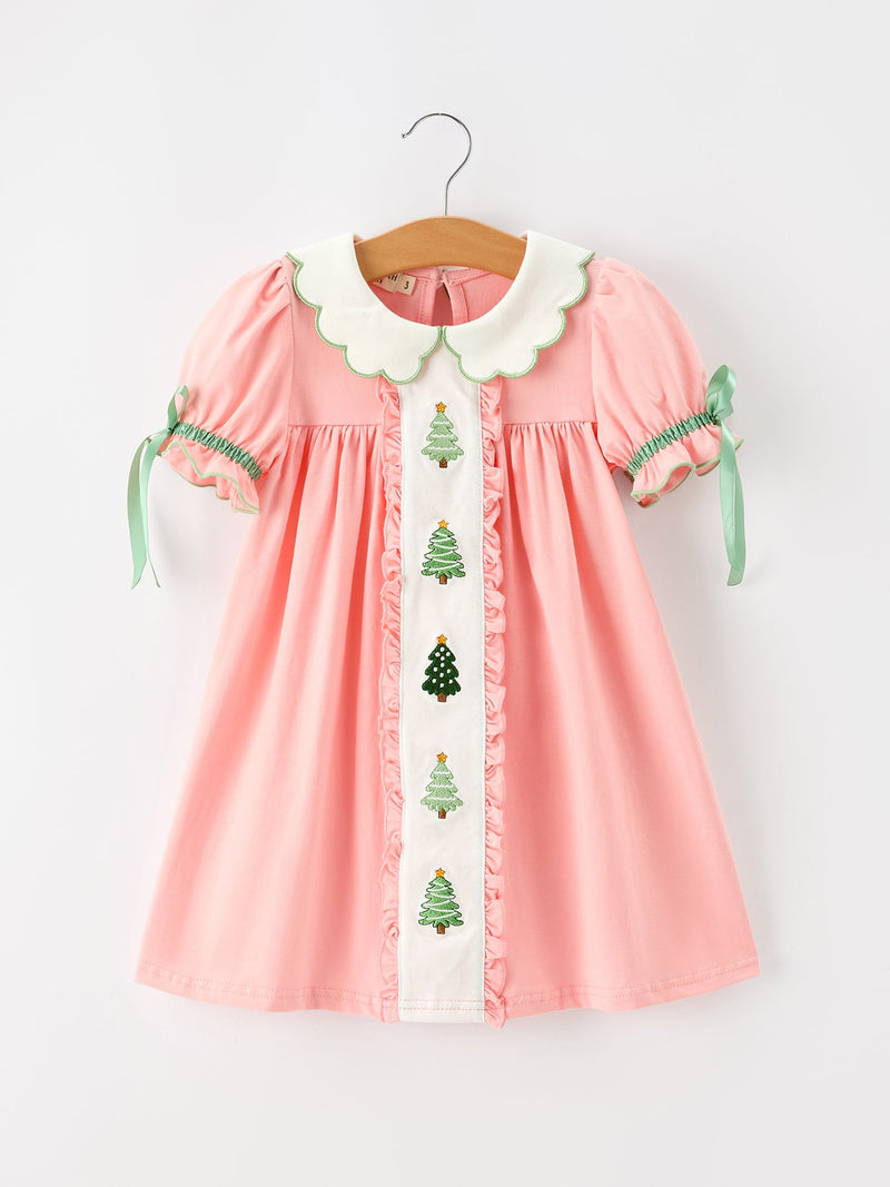 Christmas Girls Pink Christmas Tree Embroidered Ruffle Dress - 1