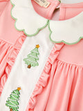 Christmas Girls Pink Christmas Tree Embroidered Ruffle Dress - 3