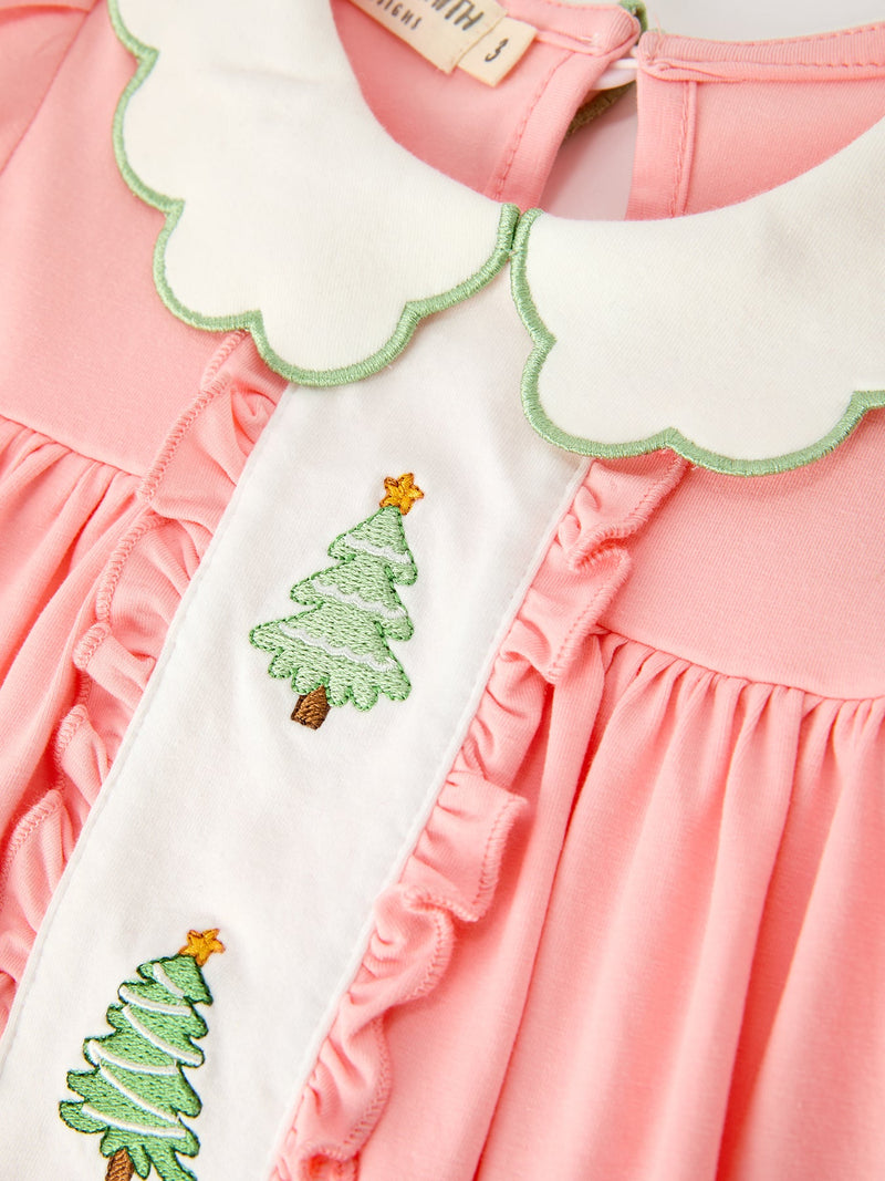 Christmas Girls Pink Christmas Tree Embroidered Ruffle Dress - 3