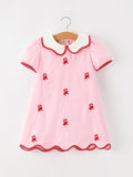 Christmas Girls Pink Candy Cane Embroidered Peter Pan Collar Dress - 1